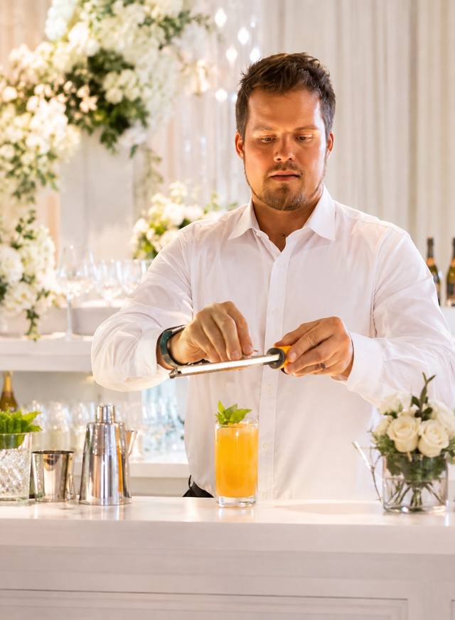 Christopher Rice grating fresh nutmeg over a cocktail at a white event bar