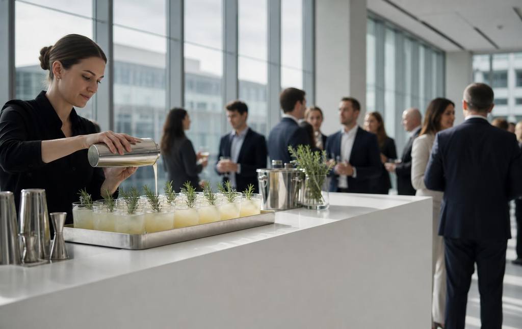 Corporate event bar in a glass-walled office atrium