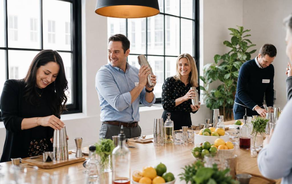 Group of professionals shaking cocktails at a hands-on mixology class