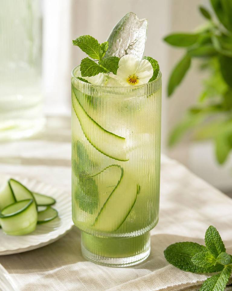 Artisan mocktail with cucumber ribbon and edible flower