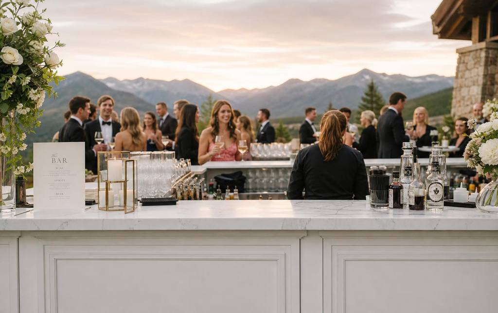 Wedding bar at sunset with Colorado mountain backdrop